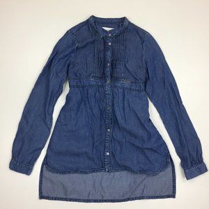 DIESEL Blue Medium Wash Chambray Logo Snap Button Belted Pleats Hi Low Hem Dress